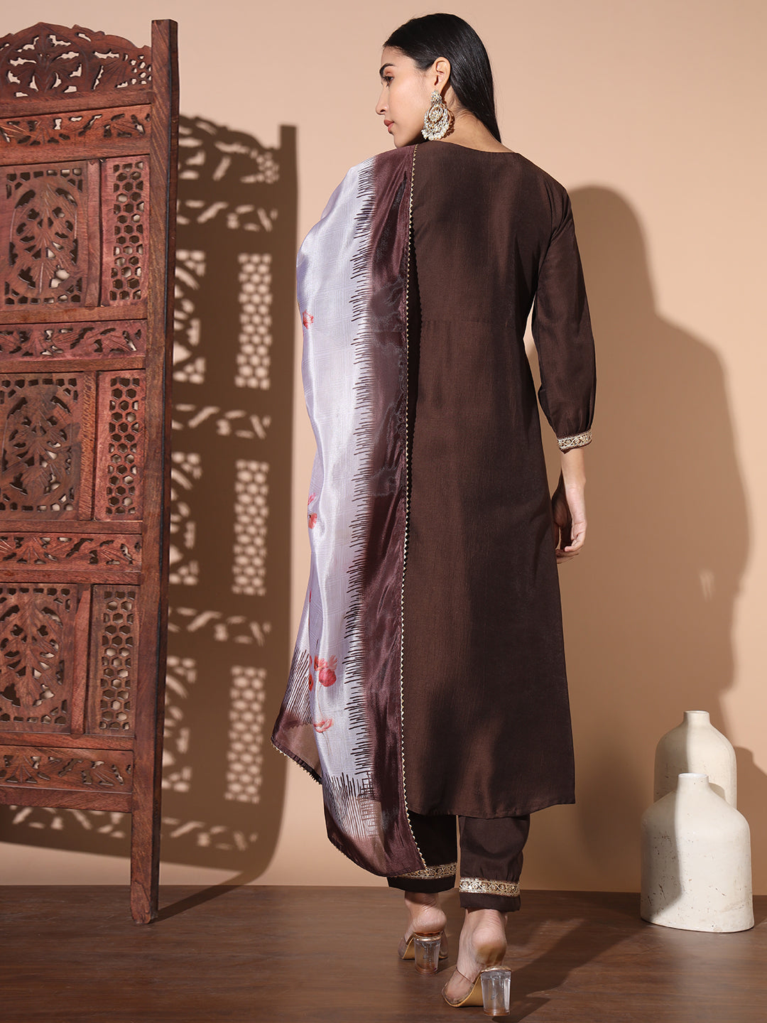 Floral Embroidered Empire Sequinned Pure Silk Kurta with Trousers & Dupatta