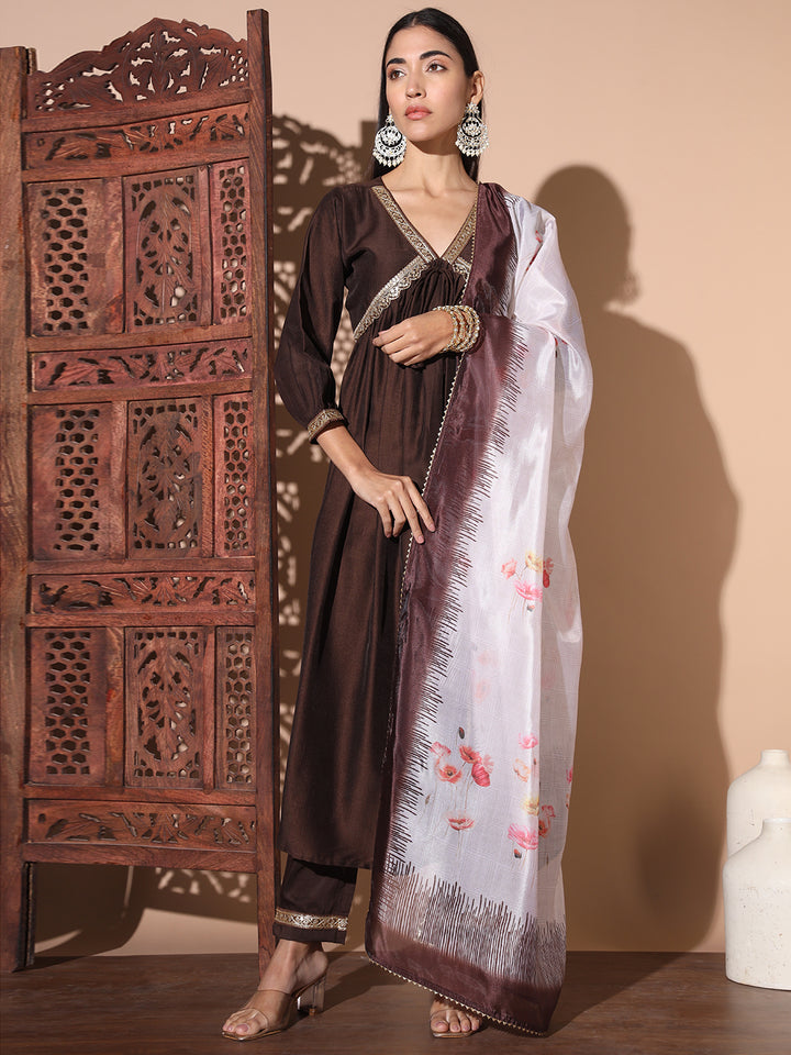 Floral Embroidered Empire Sequinned Pure Silk Kurta with Trousers & Dupatta