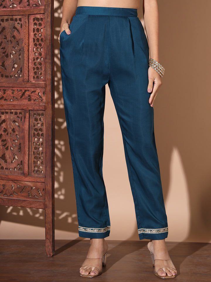 Floral Embroidered Empire Sequinned Pure Silk Kurta with Trousers & Dupatta