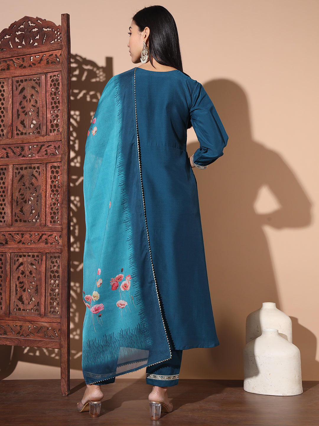 Floral Embroidered Empire Sequinned Pure Silk Kurta with Trousers & Dupatta