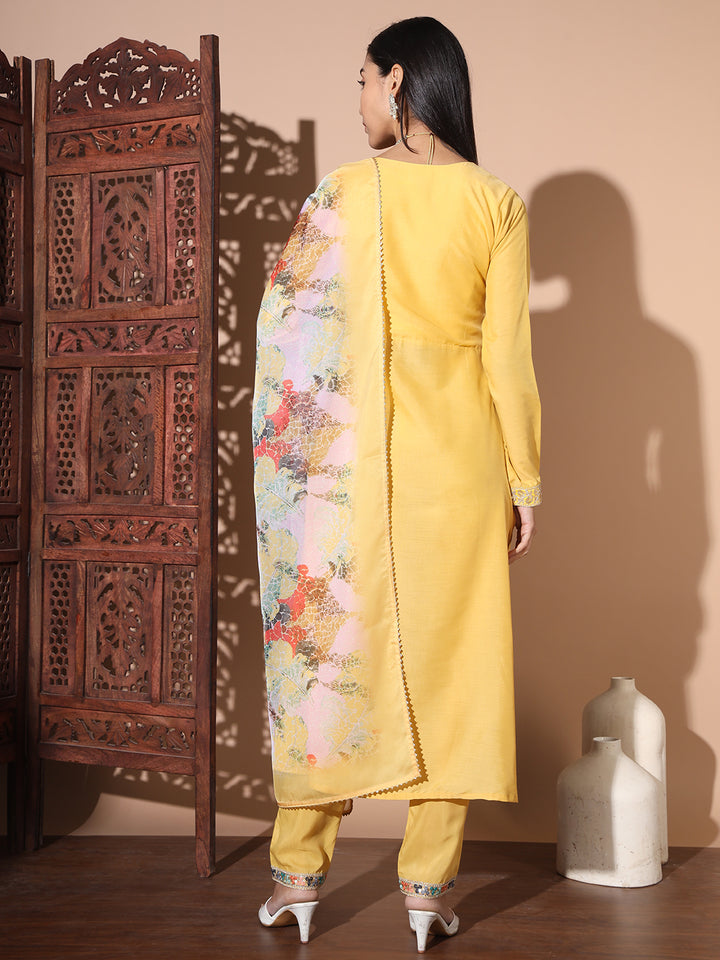 Floral Embroidered Sequinned Pure Silk Kurta With Trouser & Dupatta