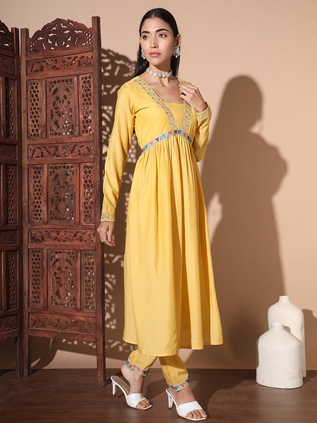 Floral Embroidered Sequinned Pure Silk Kurta With Trouser & Dupatta