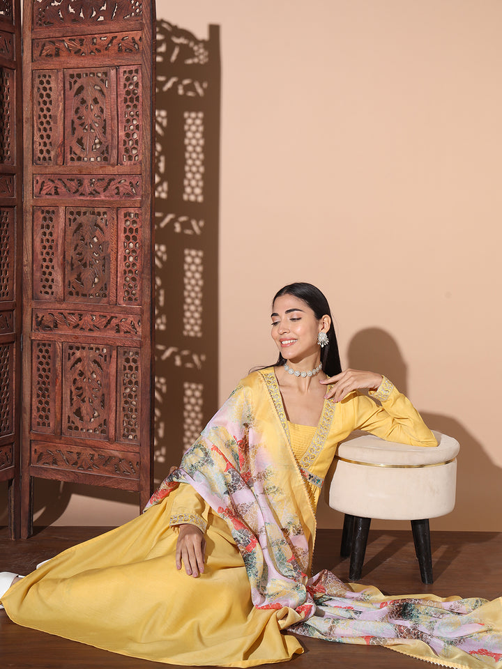 Floral Embroidered Sequinned Pure Silk Kurta With Trouser & Dupatta