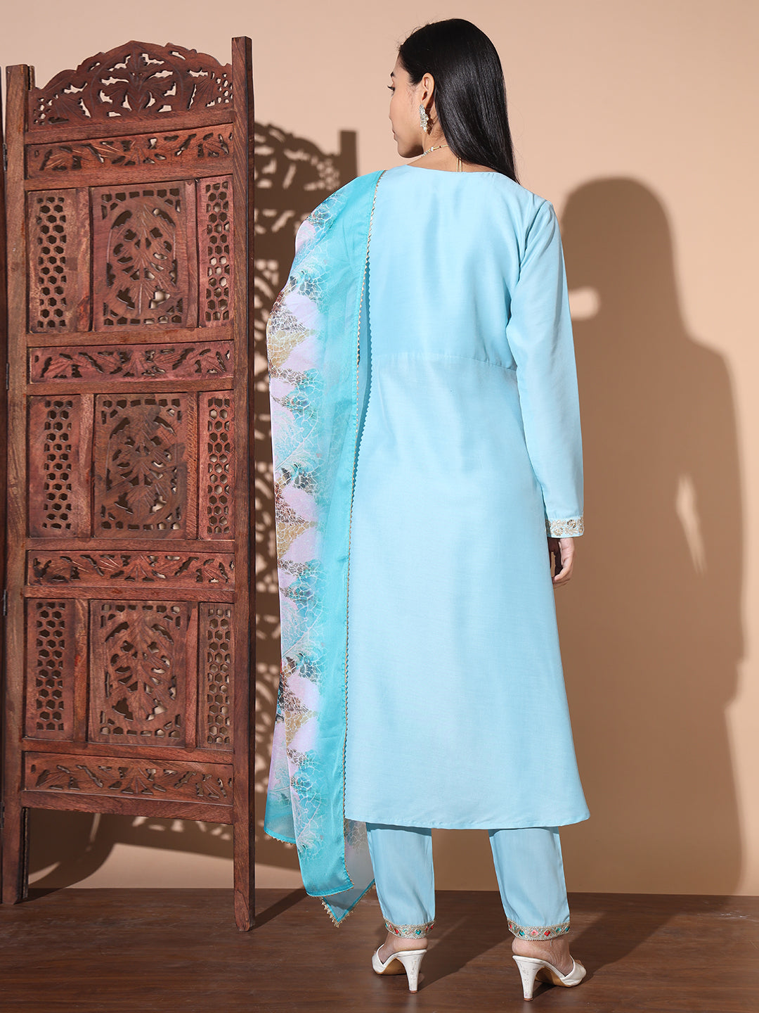 Floral Embroidered Sequinned Pure Silk Kurta With Trouser & Dupatta