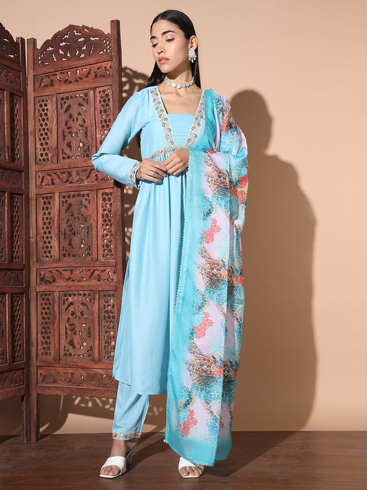 Floral Embroidered Sequinned Pure Silk Kurta With Trouser & Dupatta