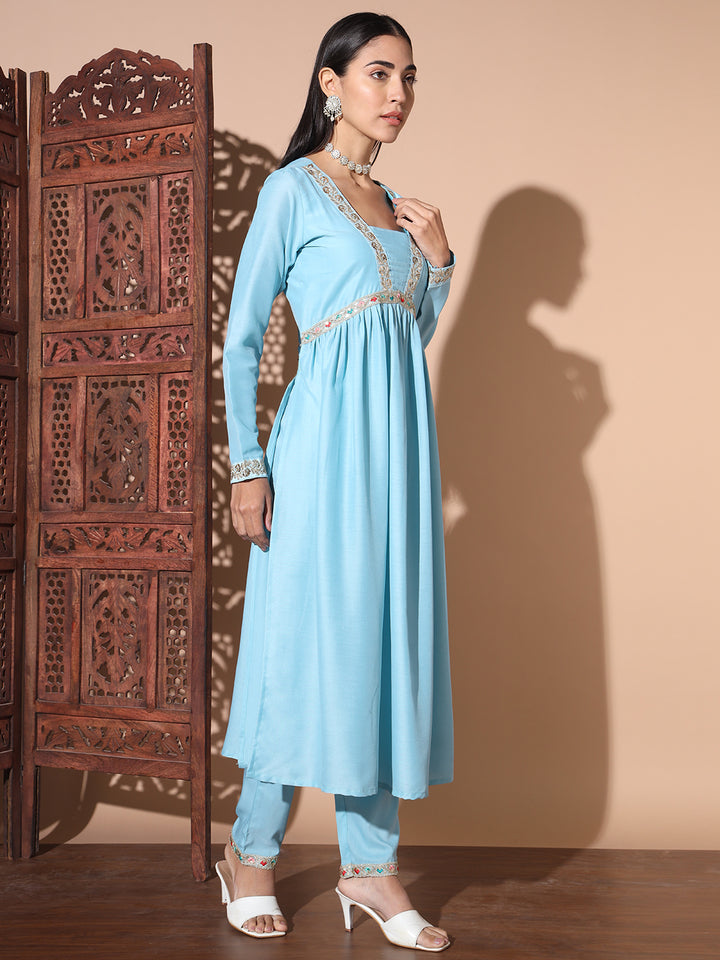 Floral Embroidered Sequinned Pure Silk Kurta With Trouser & Dupatta