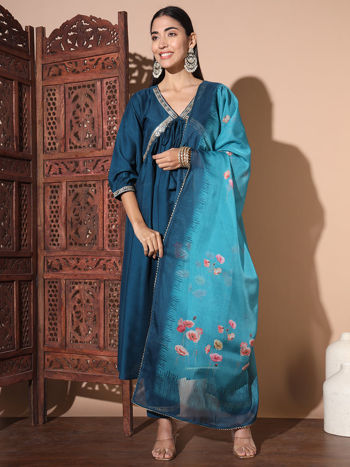 Floral Embroidered Empire Sequinned Pure Silk Kurta with Trousers & Dupatta