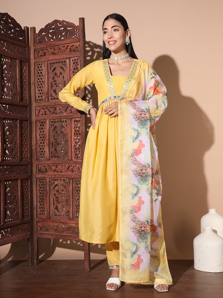 Floral Embroidered Sequinned Pure Silk Kurta With Trouser & Dupatta