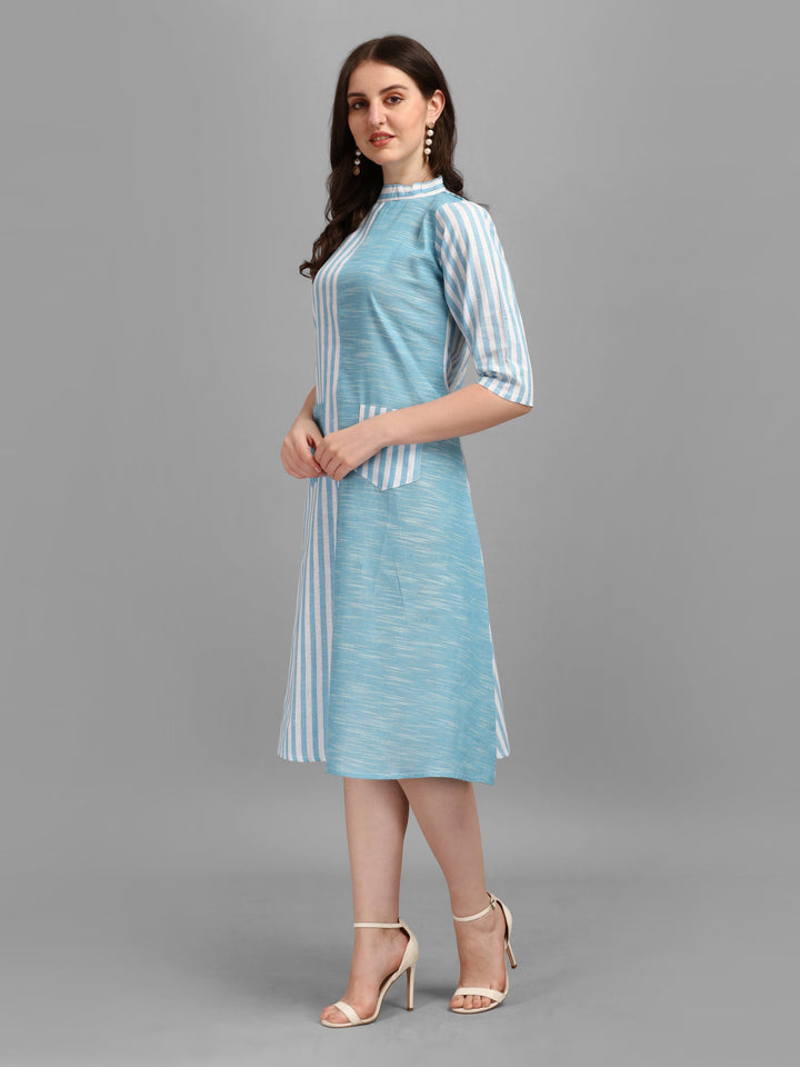 WOMEN STRIPED FANCY MIDI DRESS - AQUA GREEN