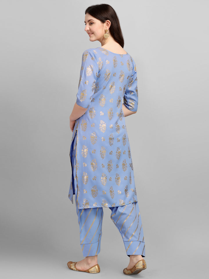 FOIL PRINTED KURTI SALAWAR SET-AQUA BLUE