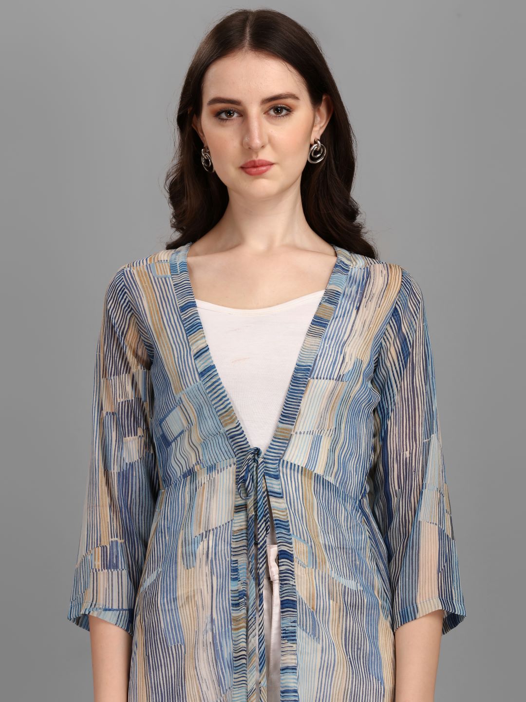 WOMEN PRINTED LONGLINE TIE-UP SHRUG - AQUA BLUE