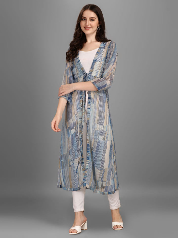 WOMEN PRINTED LONGLINE TIE-UP SHRUG - AQUA BLUE