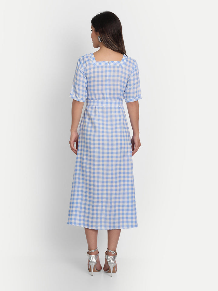 ADORABLE CHECKS  WITH BELT MIDI DRESS -PEACH