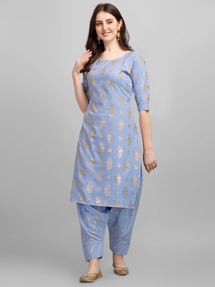 FOIL PRINTED KURTI SALAWAR SET-AQUA BLUE