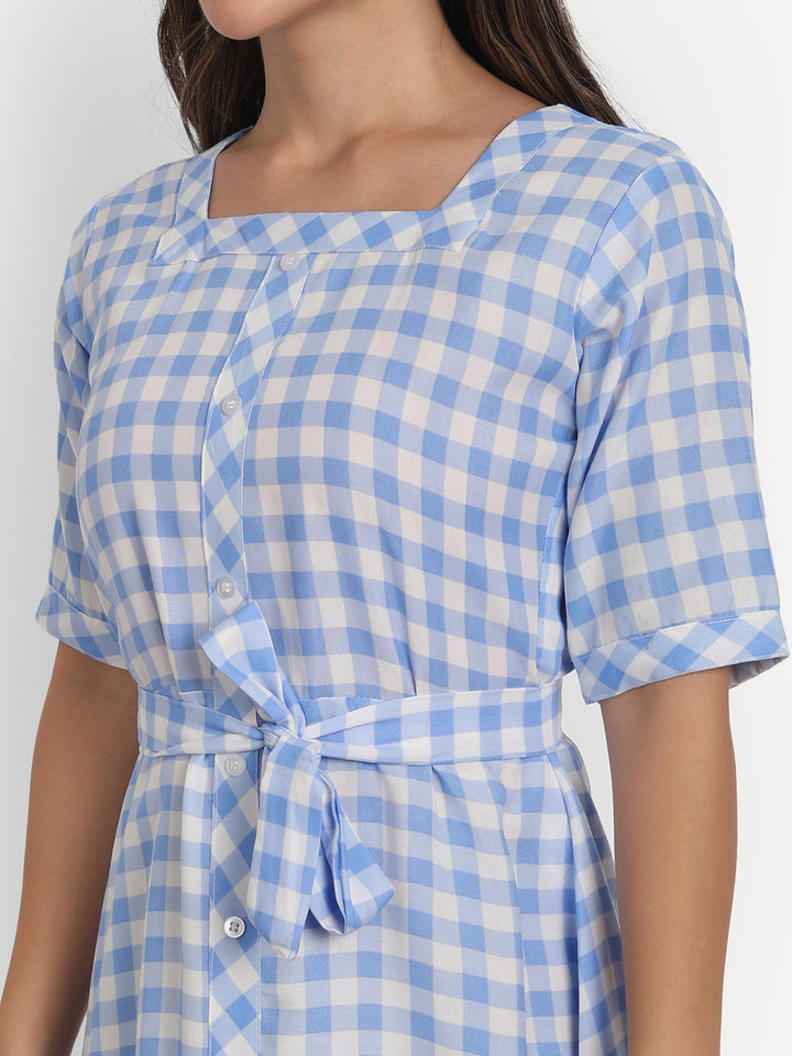 ADORABLE CHECKS  WITH BELT MIDI DRESS -PEACH