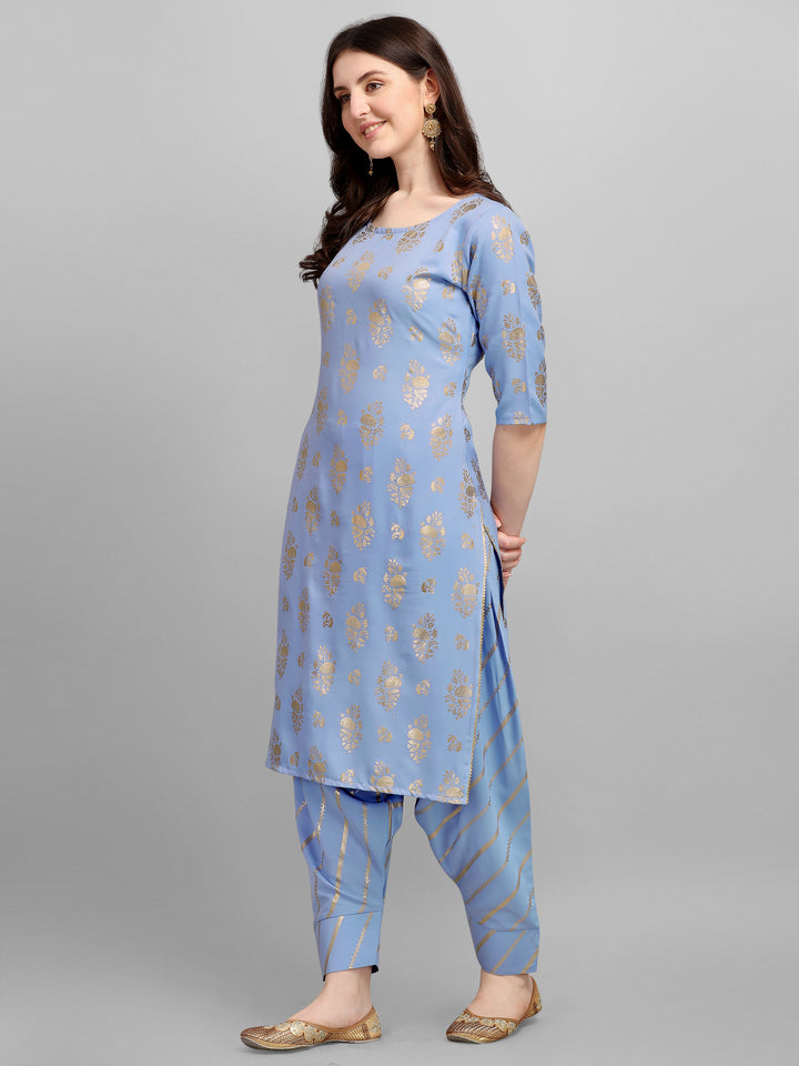 FOIL PRINTED KURTI SALAWAR SET-AQUA BLUE