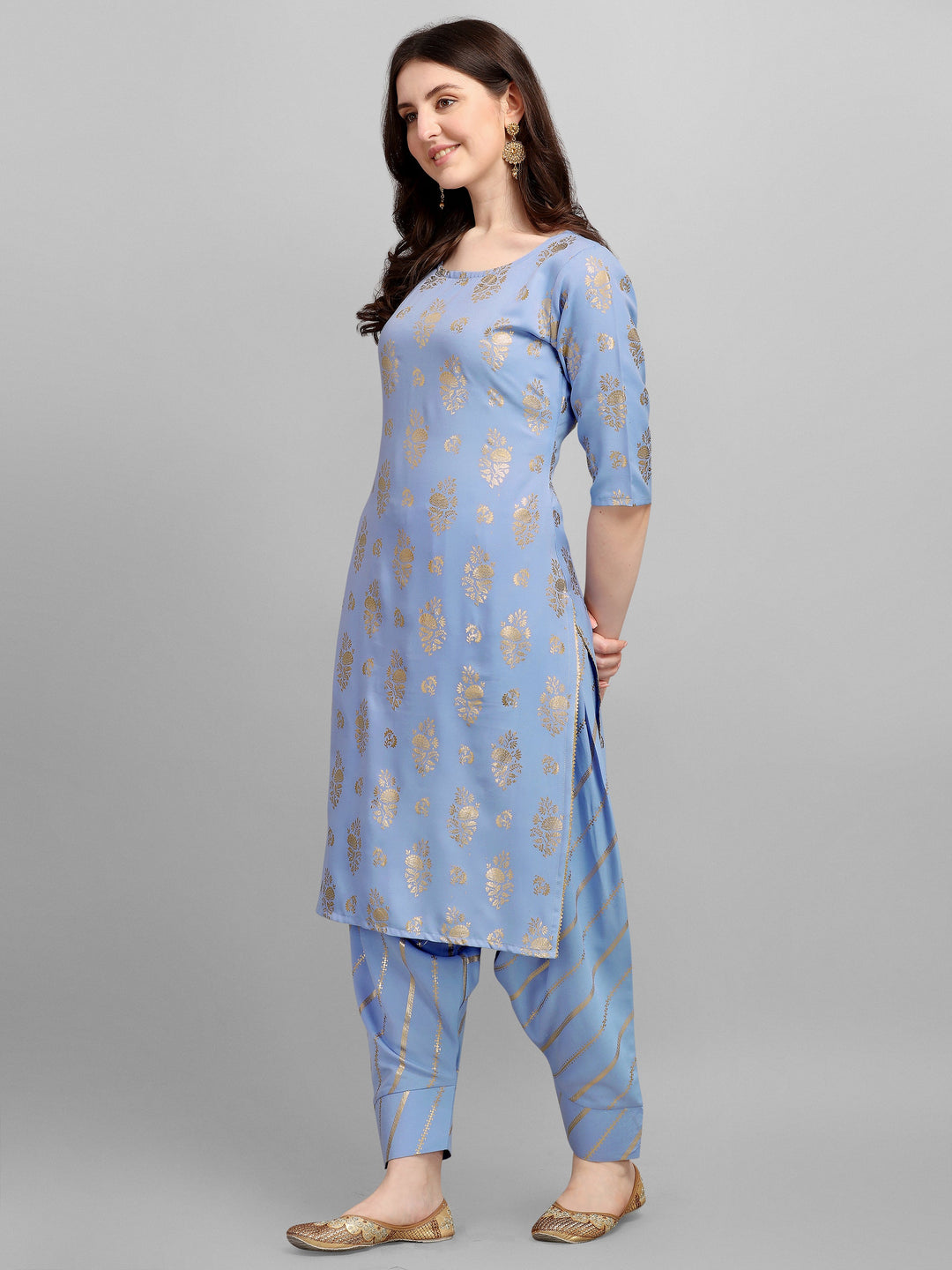 FOIL PRINTED KURTI SALAWAR SET-BEIGE