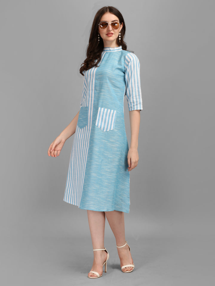 WOMEN STRIPED FANCY MIDI DRESS - SKY BLUE