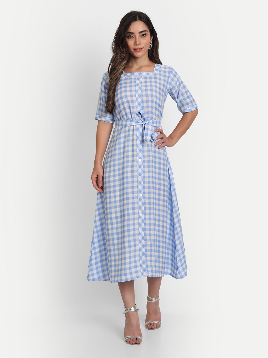 ADORABLE CHECKS  WITH BELT MIDI DRESS -PEACH