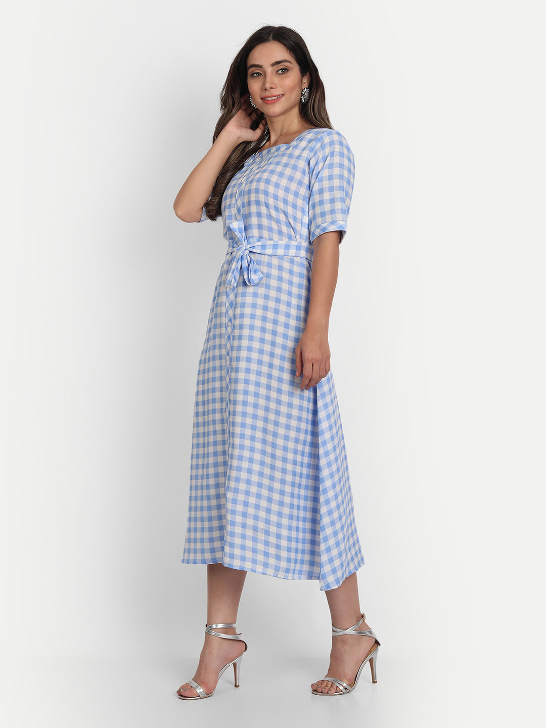 ADORABLE CHECKS  WITH BELT MIDI DRESS -PEACH