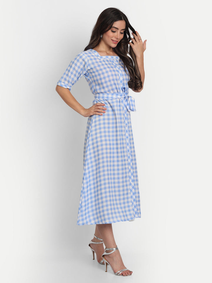 ADORABLE CHECKS  WITH BELT MIDI DRESS -PEACH