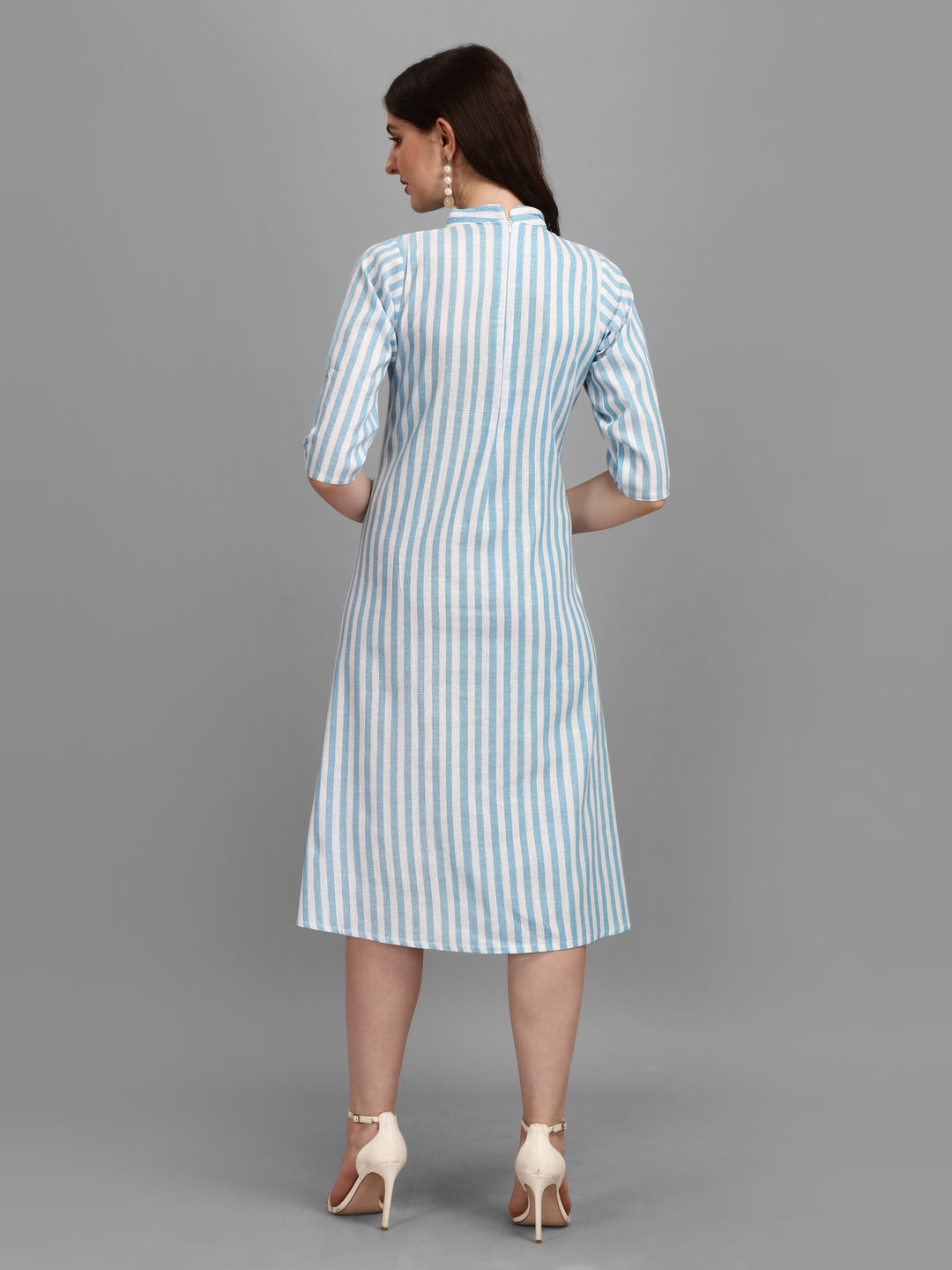 WOMEN STRIPED FANCY MIDI DRESS - SKY BLUE