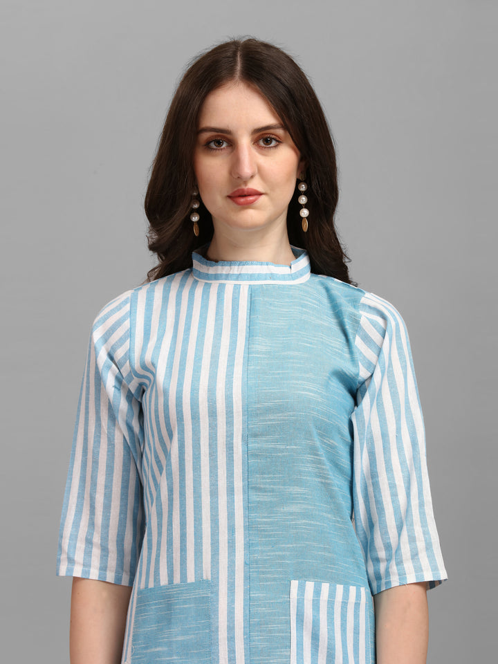 WOMEN STRIPED FANCY MIDI DRESS - SKY BLUE