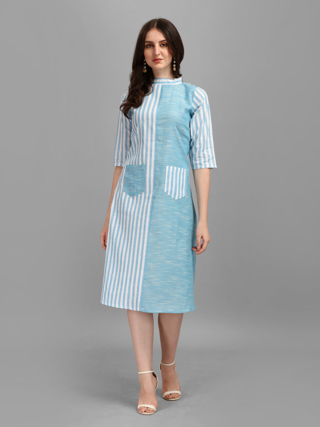 WOMEN STRIPED FANCY MIDI DRESS - AQUA GREEN