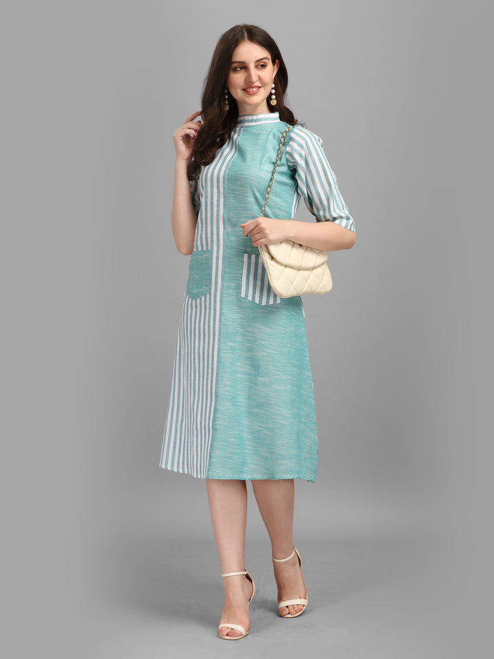 WOMEN STRIPED FANCY MIDI DRESS - AQUA GREEN