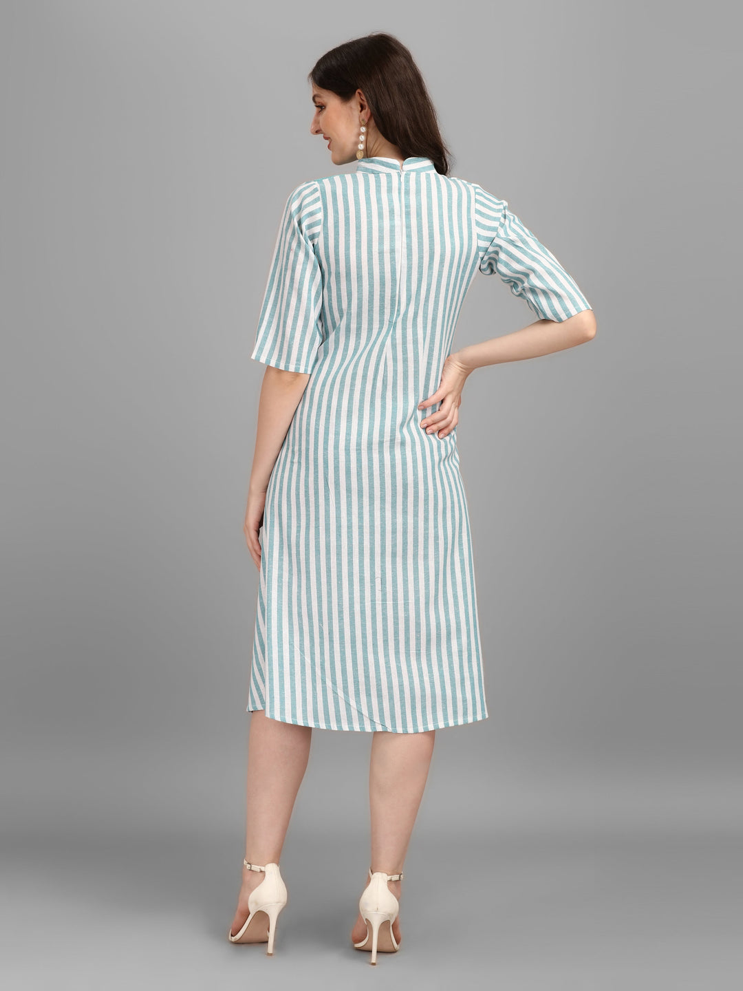 WOMEN STRIPED FANCY MIDI DRESS - AQUA GREEN