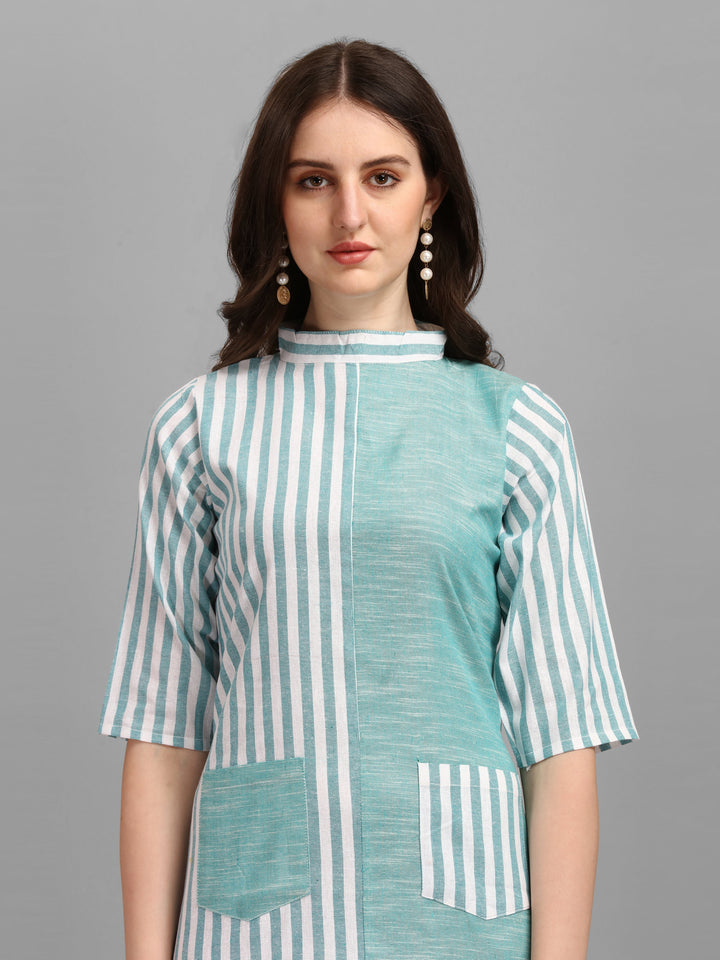 WOMEN STRIPED FANCY MIDI DRESS - AQUA GREEN