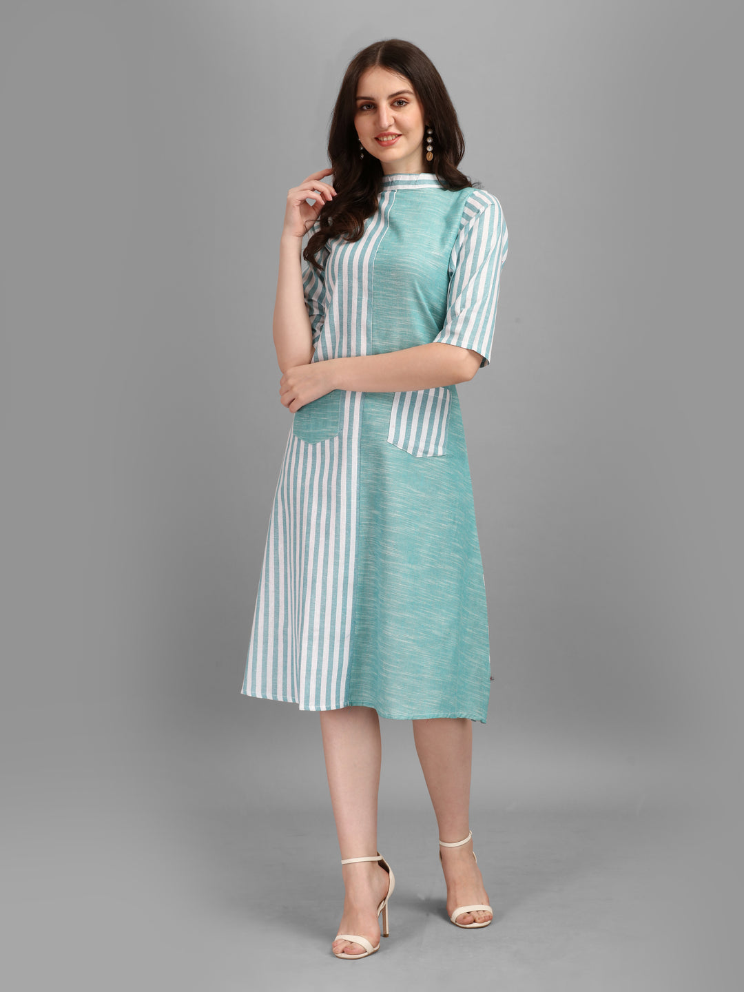 WOMEN STRIPED FANCY MIDI DRESS - SKY BLUE