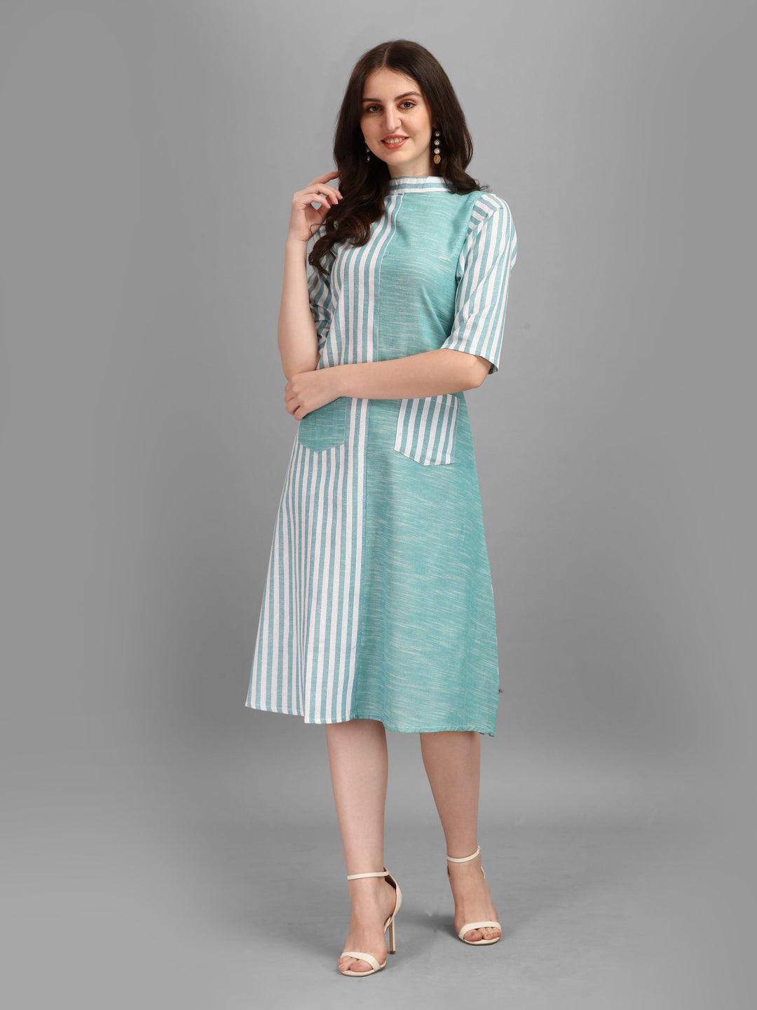 WOMEN STRIPED FANCY MIDI DRESS - AQUA GREEN