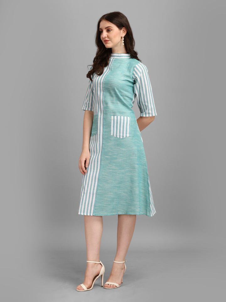 WOMEN STRIPED FANCY MIDI DRESS - SKY BLUE