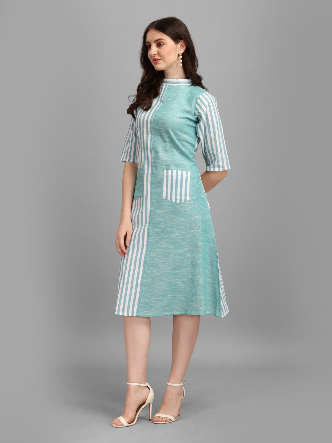 WOMEN STRIPED FANCY MIDI DRESS - BEIGE