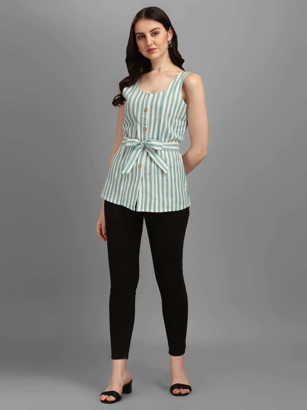 STRIPED COTTON TOP-AQUA GREEN