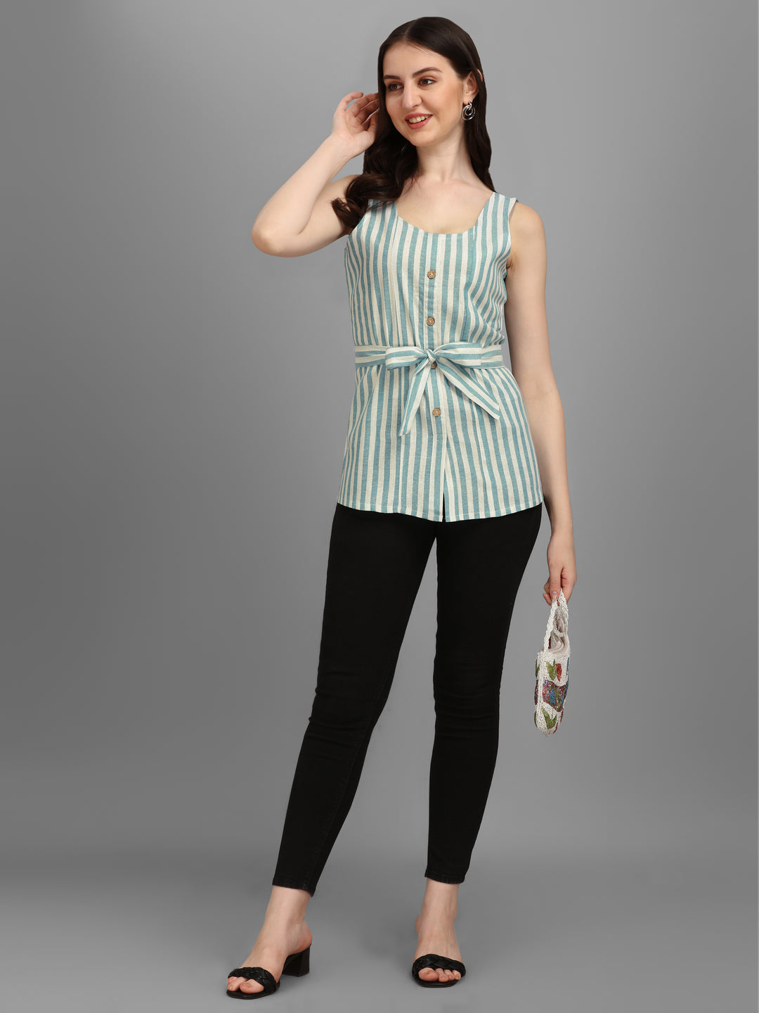 STRIPED COTTON TOP-AQUA GREEN