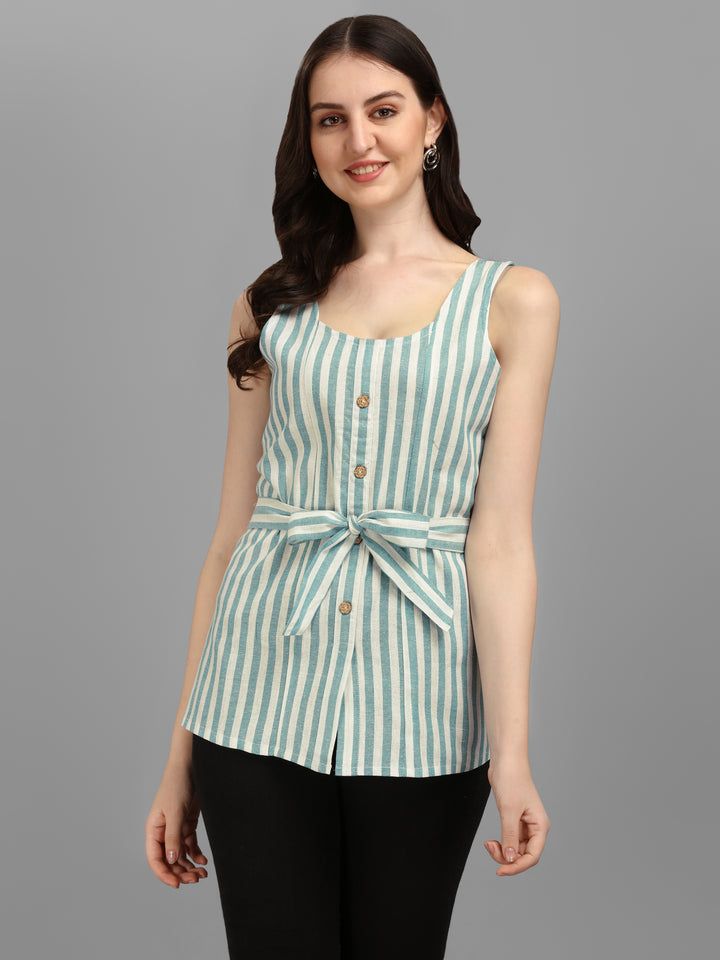 STRIPED COTTON TOP-AQUA GREEN