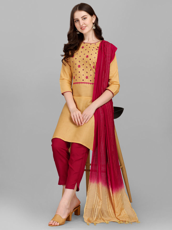 Ethnic Motifs Yoke Design Regular Thread Work Kurta With Trousers & Dupatta