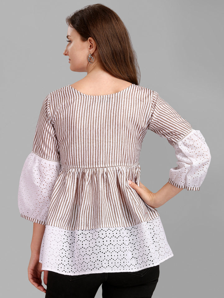 STRIPED PRINTED CHIKANKARI TOP-BEIGE