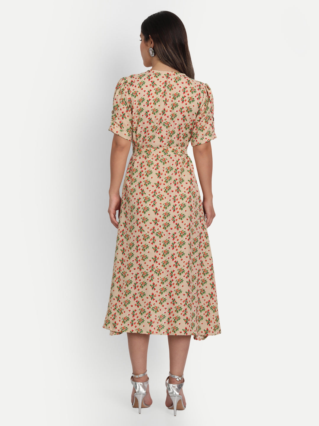 FLORAL PRINTED MIDI DRESS-BEIGE