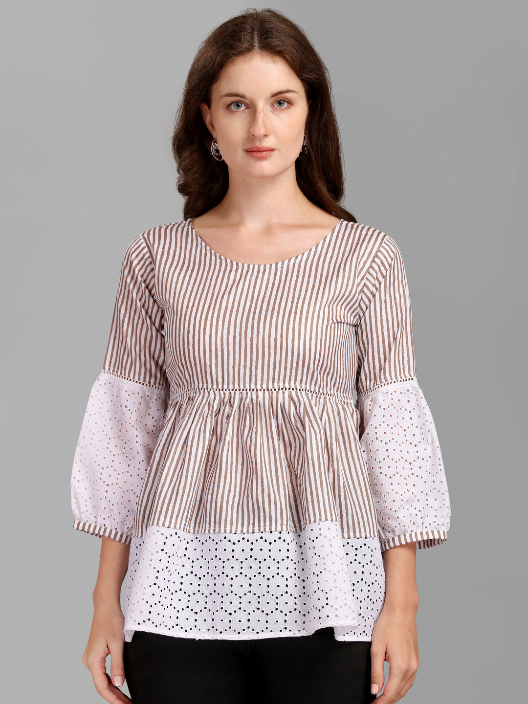 STRIPED PRINTED CHIKANKARI TOP-BEIGE