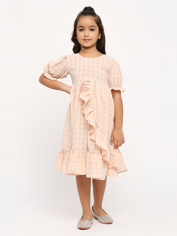 Checked Ruffles Puff Sleeve Georgette A-Line Dress