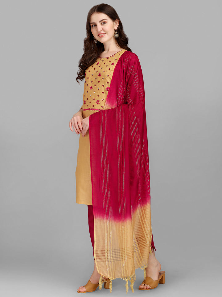 Ethnic Motifs Yoke Design Regular Thread Work Kurta With Trousers & Dupatta