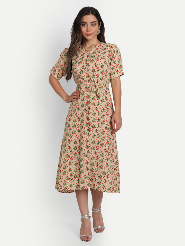 FLORAL PRINTED MIDI DRESS-BEIGE