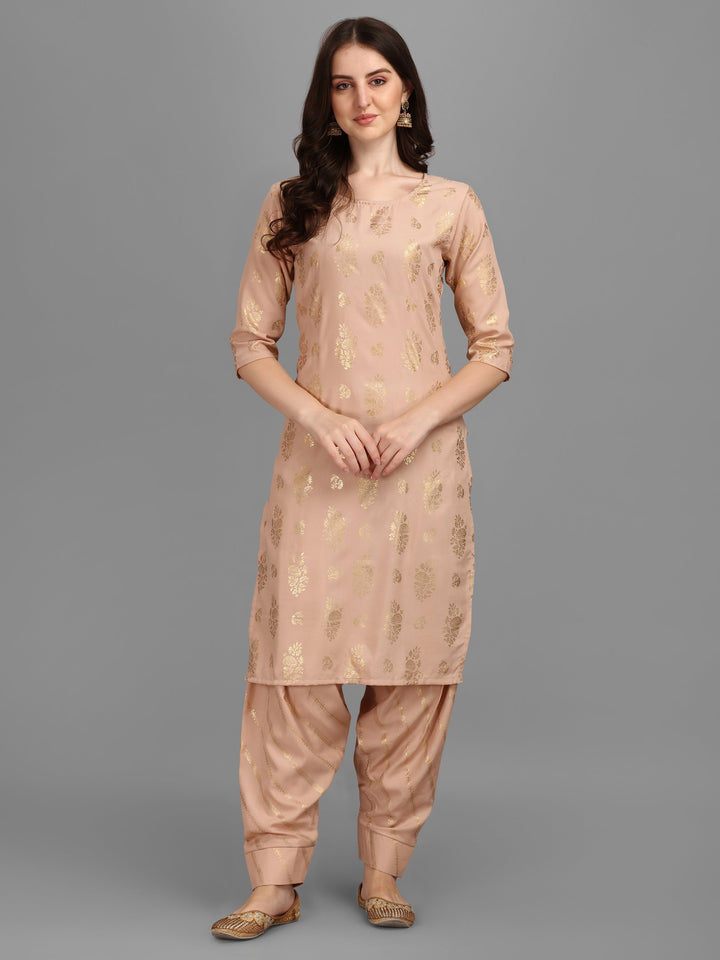 FOIL PRINTED KURTI SALAWAR SET-BEIGE