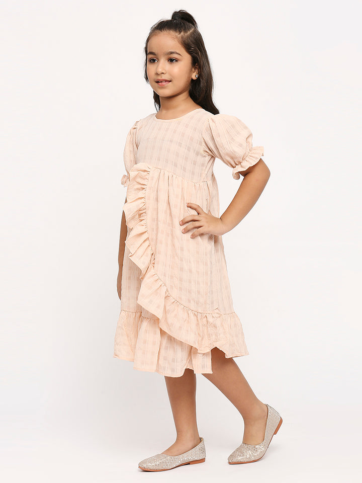 Checked Ruffles Puff Sleeve Georgette A-Line Dress