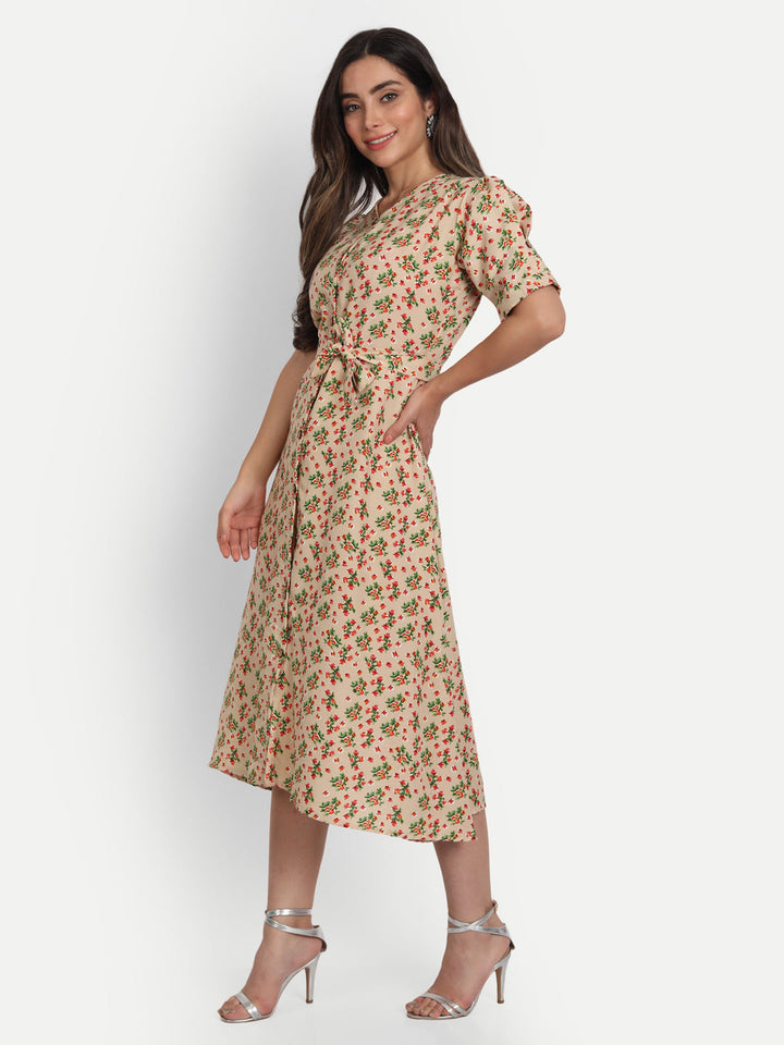 FLORAL PRINTED MIDI DRESS-BEIGE