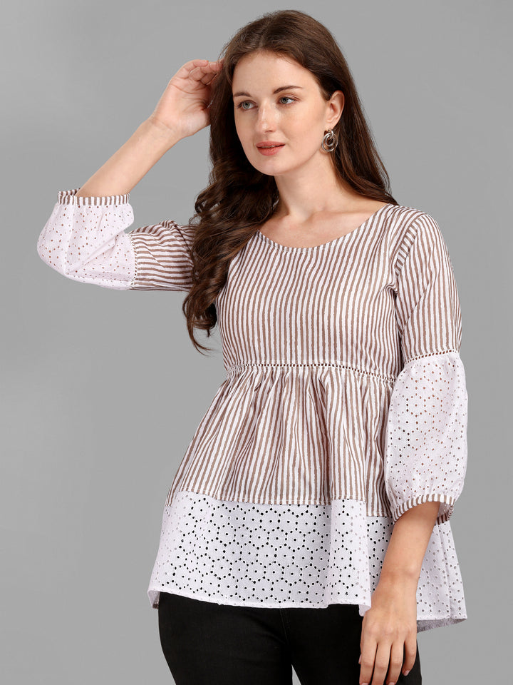 STRIPED PRINTED CHIKANKARI TOP-BEIGE