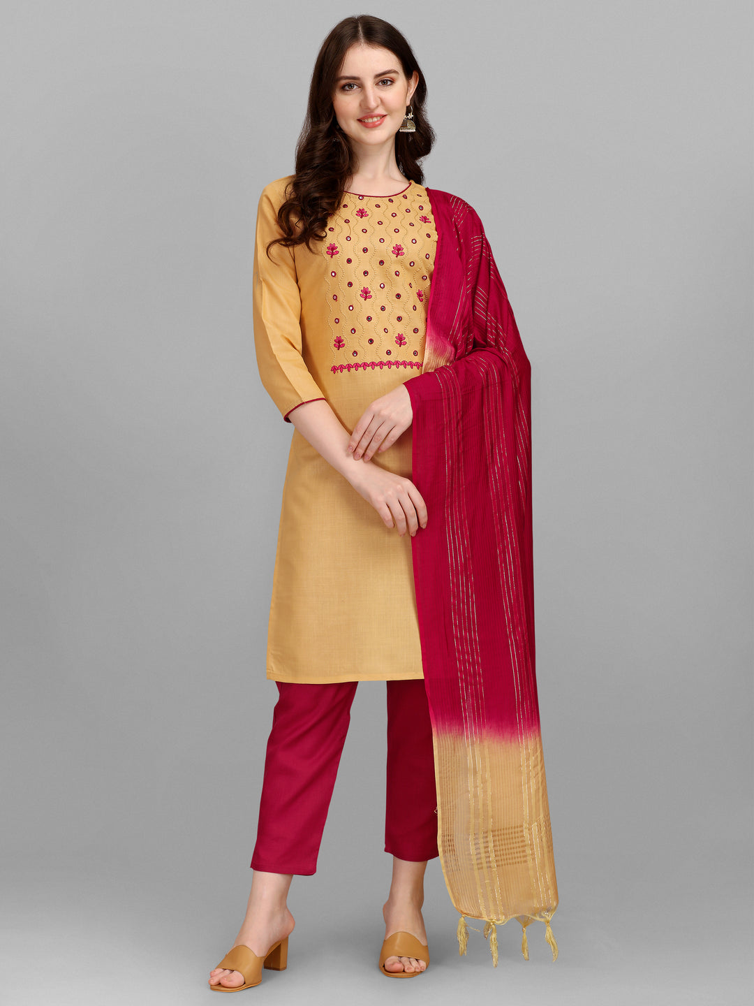 Ethnic Motifs Yoke Design Regular Thread Work Kurta With Trousers & Dupatta